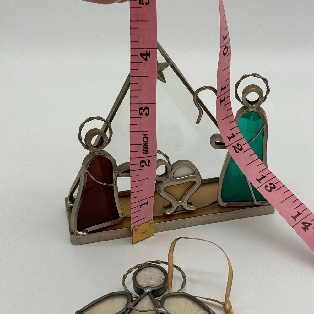 Vintage Stained Glass Nativity Scene Set Miniature Creche & Angel Ornament 4.5x4